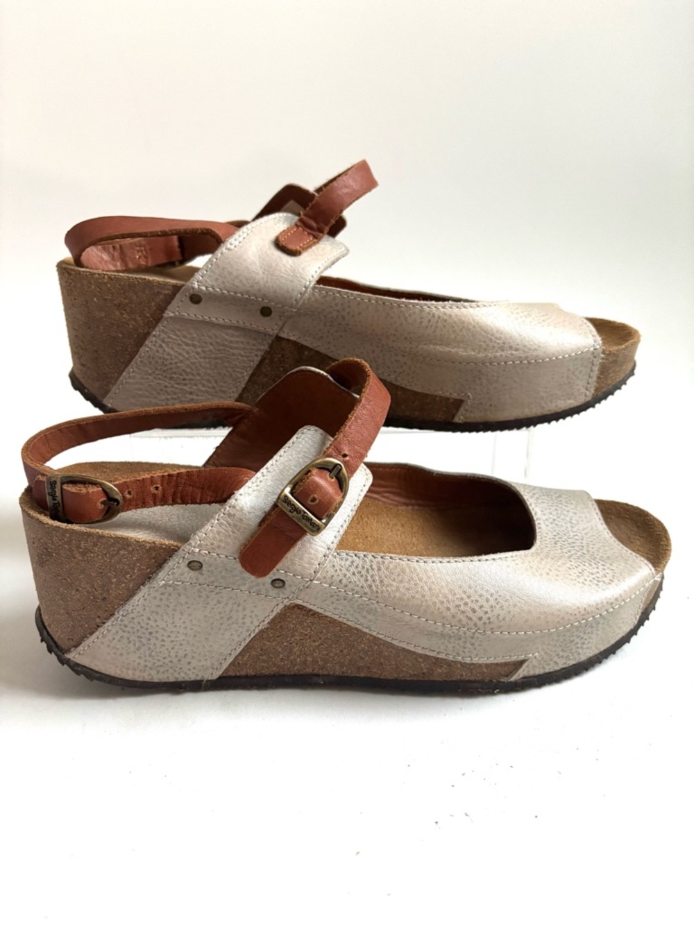 Sergio Tomani  Cork Wedge Leather Slingback Sandals Pewter Silver Size 39(8.5-9)